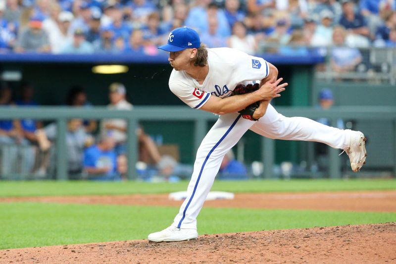 Jul 20, 2024; Kansas City, Missouri, USA; Kansas City Royals relief pitcher Hunter Harvey (56) throws against the Chicago White Sox during the eighth inning at Kauffman Stadium. Mandatory Credit: Scott Sewell-USA TODAY Sports