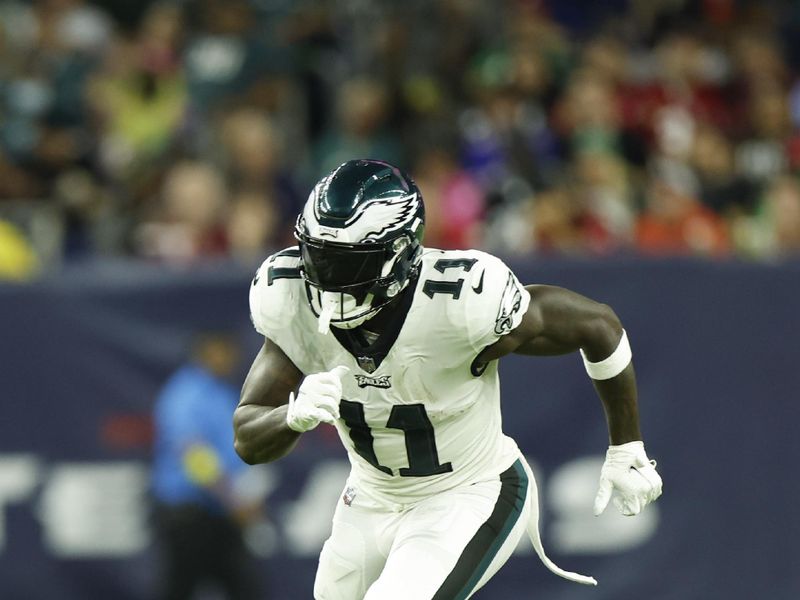 Philadelphia Eagles wide receiver A.J. Brown (11) runs a pass route during an NFL Football game against the Houston Texans on Thursday, November 3, 2022, in Houston. (AP Photo/Matt Patterson)