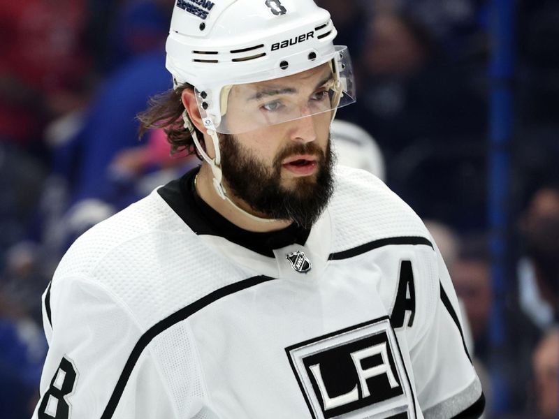 Jan 9, 2024; Tampa, Florida, USA; Los Angeles Kings defenseman Drew Doughty (8) looks on against the Tampa Bay Lightning during the first period at Amalie Arena. Mandatory Credit: Kim Klement Neitzel-USA TODAY Sports