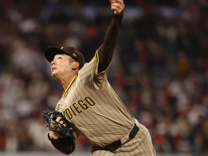 Jun 3, 2025; San Francisco, California, USA;  San Diego Padres relief pitcher Yuki Matsui (1) pitches the ball against the San Francisco Giants during the ninth inning at Oracle Park. Mandatory Credit: Kelley L Cox-Imagn Images