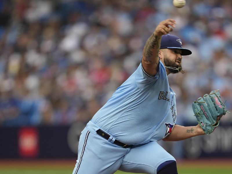 Jul 18, 2023; Toronto, Ontario, CAN;  Toronto Blue Jays starting pitcher Alek Manoah (6) pitches to the San Diego Padres during the first inning at Rogers Centre. Mandatory Credit: John E. Sokolowski-USA TODAY Sports