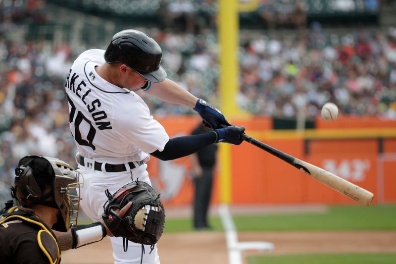 Jul 23, 2023; Detroit, Michigan, USA;  Detroit Tigers infielder Spencer Torkelson (20) bats during the third inning at Comerica Park. Mandatory Credit: Brian Bradshaw Sevald-USA TODAY Sports