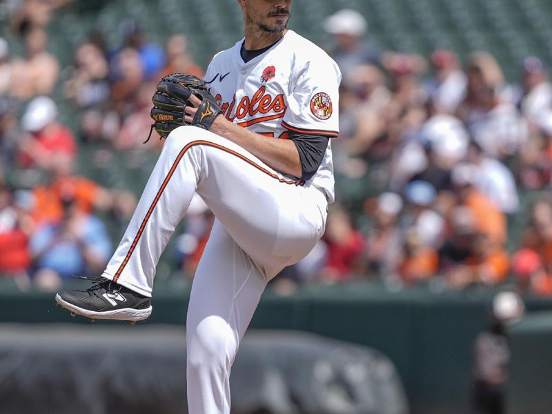 May 26, 2025; Baltimore, Maryland, USA; Baltimore Orioles pitcher Charlie Morton (50) delivers a pitch against the St. Louis Cardinals during the first inning at Oriole Park at Camden Yards. Mandatory Credit: Gregory Fisher-Imagn Images