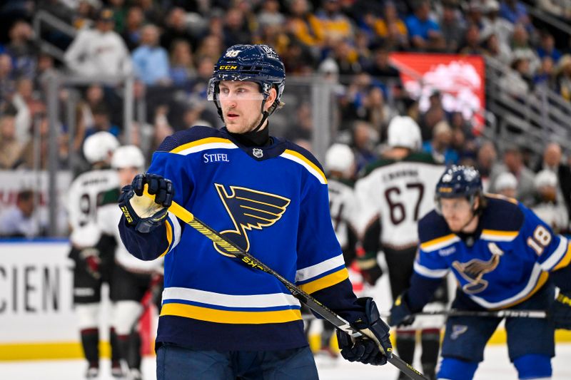 Nov 9, 2023; St. Louis, Missouri, USA;  St. Louis Blues defenseman Scott Perunovich (48) looks on during the second period against the Arizona Coyotes at Enterprise Center. Mandatory Credit: Jeff Curry-USA TODAY Sports