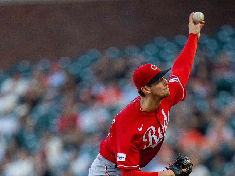 Aug 29, 2023; San Francisco, California, USA;  Cincinnati Reds starting pitcher Brandon Williamson (55) delivers a pitch against the San Francisco Giants during the first inning at Oracle Park. Mandatory Credit: Neville E. Guard-USA TODAY Sports