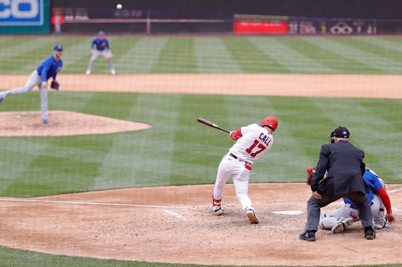 May 4, 2023; Washington, District of Columbia, USA; Washington Nationals left fielder Alex Call (17) hits a walk-off home run off of Chicago Cubs relief pitcher Brad Boxberger (25) during the ninth inning at Nationals Park. Mandatory Credit: Geoff Burke-USA TODAY Sports