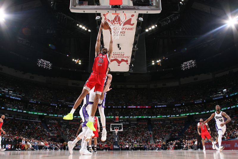 NEW ORLEANS, LA - APRIL 19: Trey Murphy III #25 of the New Orleans Pelicans dunks the ball during the game against the Sacramento Kings during the 2024 NBA Play-In Tournament on April 19, 2024 at the Smoothie King Center in New Orleans, Louisiana. NOTE TO USER: User expressly acknowledges and agrees that, by downloading and or using this Photograph, user is consenting to the terms and conditions of the Getty Images License Agreement. Mandatory Copyright Notice: Copyright 2024 NBAE (Photo by Layne Murdoch Jr./NBAE via Getty Images)