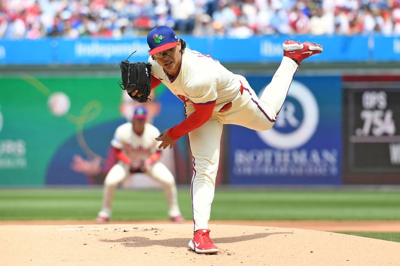 Apr 20, 2025; Philadelphia, Pennsylvania, USA; Philadelphia Phillies pitcher Jesús Luzardo (44) throws a pitch during the first inning against the Miami Marlins at Citizens Bank Park. Mandatory Credit: Eric Hartline-Imagn Images