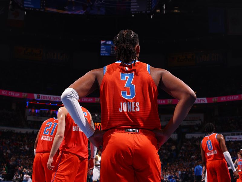 OKLAHOMA CITY, OK - DECEMBER 3: Dillon Jones #3 of the Oklahoma City Thunder looks on during the game against the Utah Jazz during the Emirates NBA Cup game on on December 3, 2024 at Paycom Center in Oklahoma City, Oklahoma. NOTE TO USER: User expressly acknowledges and agrees that, by downloading and or using this photograph, User is consenting to the terms and conditions of the Getty Images License Agreement. Mandatory Copyright Notice: Copyright 2024 NBAE (Photo by Zach Beeker/NBAE via Getty Images)