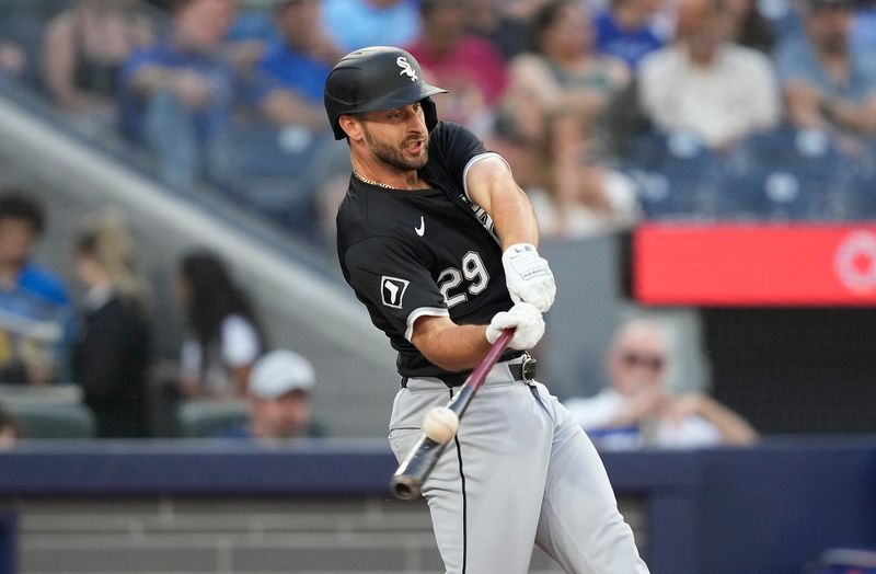 May 22, 2024; Toronto, Ontario, CAN; Chicago White Sox shortstop Paul DeJong (29) makes contact with the ball during an at bat against the Toronto Blue Jays during the third inning at Rogers Centre. Mandatory Credit: John E. Sokolowski-USA TODAY Sports