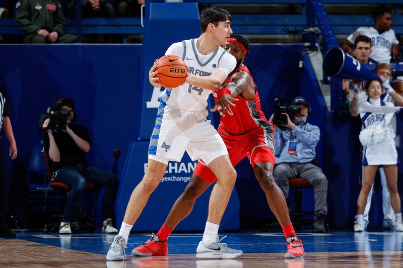 Feb 10, 2023; Colorado Springs, Colorado, USA; Air Force Falcons forward Beau Becker (14) controls the ball as New Mexico Lobos forward Morris Udeze (24) guards in the first half at Clune Arena. Mandatory Credit: Isaiah J. Downing-USA TODAY Sports