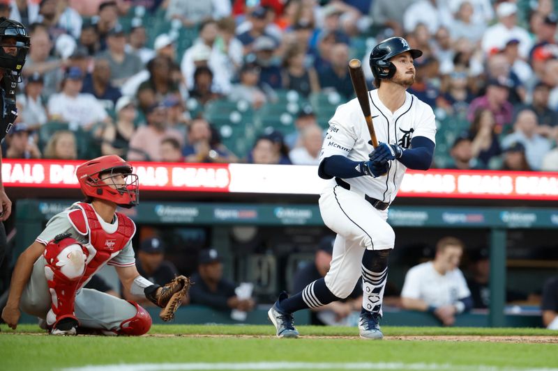 Jun 24, 2024; Detroit, Michigan, USA;  Detroit Tigers shortstop Zach McKinstry (39) hits a double in the fifth inning against the Philadelphia Phillies at Comerica Park. Mandatory Credit: Rick Osentoski-USA TODAY Sports