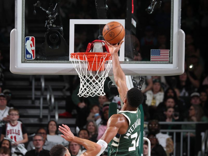 MILWAUKEE, WI - NOVEMBER 20: Giannis Antetokounmpo #34 of the Milwaukee Bucks drives to the basket during the game against the Chicago Bulls on November 20, 2024 at the Fiserv Forum Center in Milwaukee, Wisconsin. NOTE TO USER: User expressly acknowledges and agrees that, by downloading and or using this Photograph, user is consenting to the terms and conditions of the Getty Images License Agreement. Mandatory Copyright Notice: Copyright 2024 NBAE (Photo by Gary Dineen/NBAE via Getty Images).