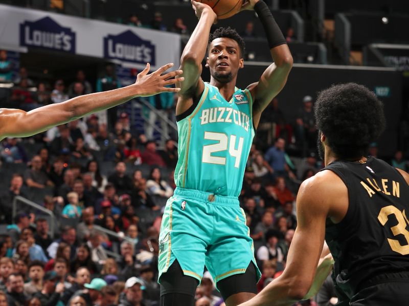 CHARLOTTE, NC - MARCH 27: Brandon Miller #24 of the Charlotte Hornets shoots the ball during the game  on March 27, 2024 at Spectrum Center in Charlotte, North Carolina. NOTE TO USER: User expressly acknowledges and agrees that, by downloading and or using this photograph, User is consenting to the terms and conditions of the Getty Images License Agreement. Mandatory Copyright Notice: Copyright 2024 NBAE (Photo by Kent Smith/NBAE via Getty Images)