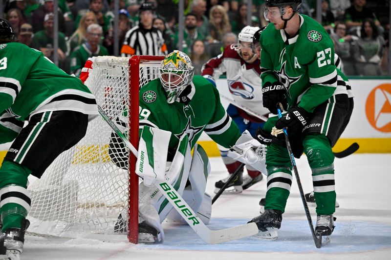 May 15, 2024; Dallas, Texas, USA; Dallas Stars goaltender Jake Oettinger (29) faces the Colorado Avalanche attack during the first period in game five of the second round of the 2024 Stanley Cup Playoffs at American Airlines Center. Mandatory Credit: Jerome Miron-USA TODAY Sports