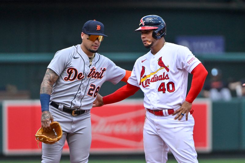 May 7, 2023; St. Louis, Missouri, USA;  St. Louis Cardinals designated hitter Willson Contreras (40) greets Detroit Tigers shortstop Javier Baez (28) during the second inning at Busch Stadium. Mandatory Credit: Jeff Curry-USA TODAY Sports