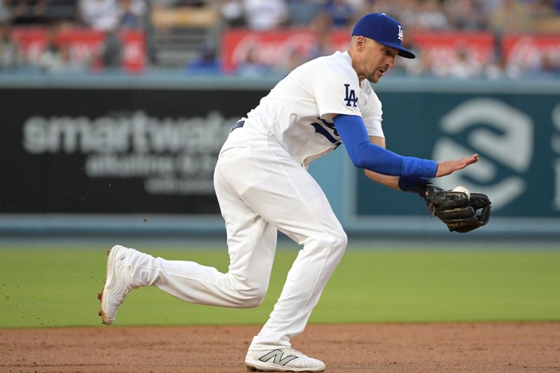 Jul 24, 2024; Los Angeles, California, USA;  Los Angeles Dodgers shortstop Nick Ahmed (12) makes a play in the second inning against the San Francisco Giants at Dodger Stadium. Mandatory Credit: Jayne Kamin-Oncea-USA TODAY Sports