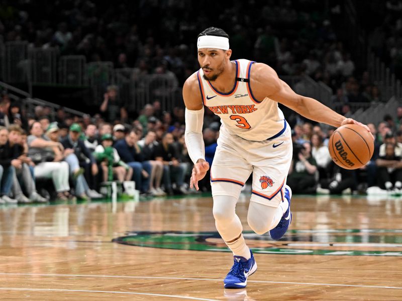 BOSTON, MASSACHUSETTS - MAY 14: Josh Hart #3 of the New York Knicks dribbles the ball against the Boston Celtics during the first half of Game Five of the Eastern Conference Second Round NBA Playoffs at the TD Garden on May 14, 2025 in Boston, Massachusetts. NOTE TO USER: User expressly acknowledges and agrees that, by downloading and or using this photograph, User is consenting to the terms and conditions of the Getty Images License Agreement. (Photo by Brian Fluharty/Getty Images)
