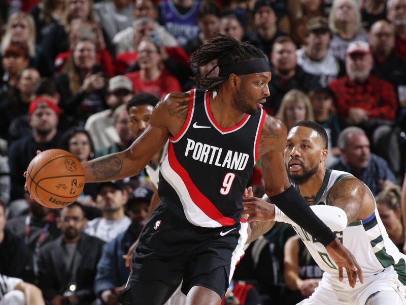 PORTLAND, OR - JANUARY 31: Jerami Grant #9 of the Portland Trail Blazers handles the ball during the game   on January 31, 2024 at the Moda Center Arena in Portland, Oregon. NOTE TO USER: User expressly acknowledges and agrees that, by downloading and or using this photograph, user is consenting to the terms and conditions of the Getty Images License Agreement. Mandatory Copyright Notice: Copyright 2024 NBAE (Photo by Cameron Browne/NBAE via Getty Images)