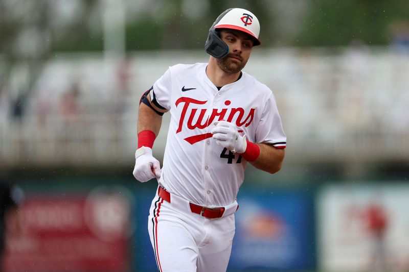 Mar 6, 2024; Fort Myers, Florida, USA;  Minnesota Twins second baseman Edouard Julien (47) runs the bases after hitting a three-run home run against the Boston Red Sox in the third inning at Hammond Stadium. Mandatory Credit: Nathan Ray Seebeck-USA TODAY Sports