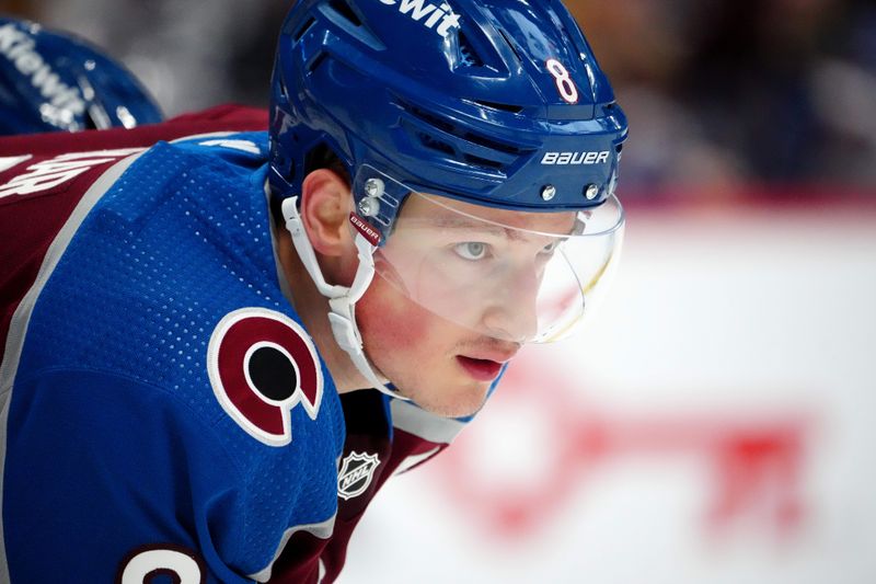 uJan 2, 2024; Denver, Colorado, USA; Colorado Avalanche defenseman Cale Makar (8) during the third period against the New York Islanders at Ball Arena. Mandatory Credit: Ron Chenoy-USA TODAY Sports