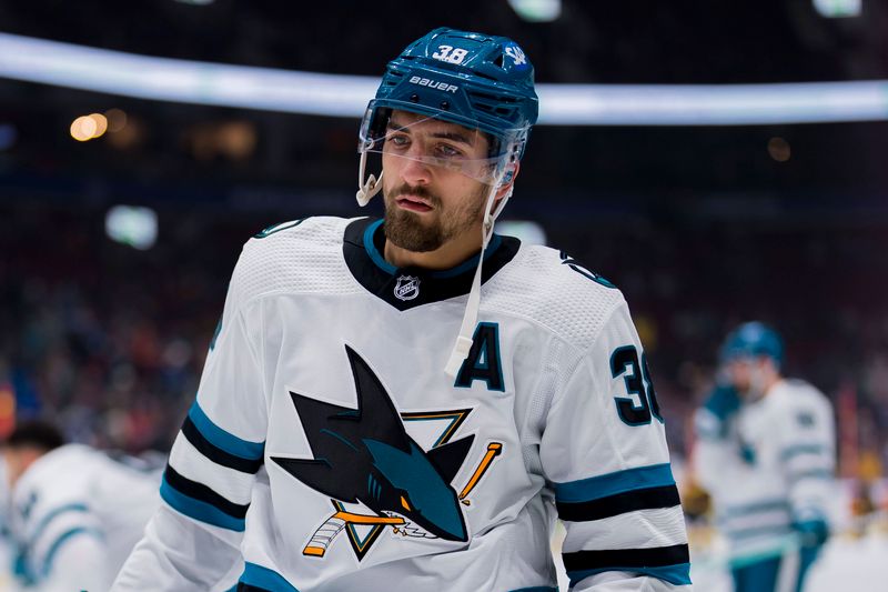 Dec 23, 2023; Vancouver, British Columbia, CAN; San Jose Sharks defenseman Mario Ferraro (38) skates during warm up prior to a game against the Vancouver Canucks at Rogers Arena. Mandatory Credit: Bob Frid-USA TODAY Sports