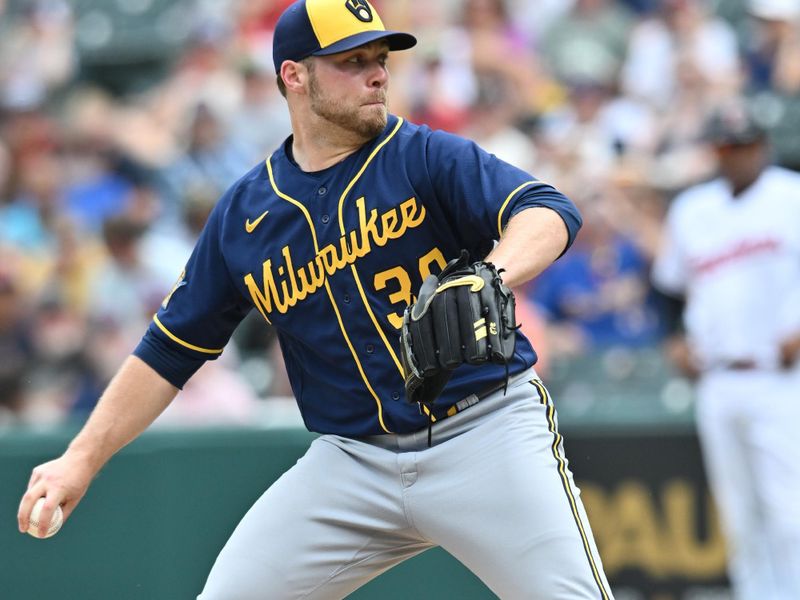 Jun 25, 2023; Cleveland, Ohio, USA; Milwaukee Brewers starting pitcher Corbin Burnes (39) throws a pitch during the sixth inning against the Cleveland Guardians at Progressive Field. Mandatory Credit: Ken Blaze-USA TODAY Sports