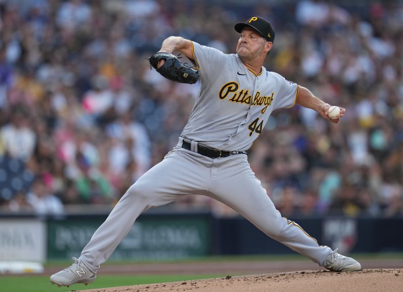 Jul 25, 2023; San Diego, California, USA; Pittsburgh Pirates starting pitcher Rich Hill (44) throws a pitch against the San Diego Padres during the first inning at Petco Park. Mandatory Credit: Ray Acevedo-USA TODAY Sports