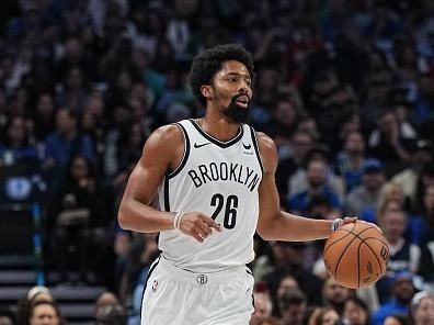 DALLAS, TX - OCTOBER 27: Spencer Dinwiddie #26 of the Brooklyn Nets dribbles the ball during the game against the Dallas Mavericks on October 27, 2023 at the American Airlines Center in Dallas, Texas. NOTE TO USER: User expressly acknowledges and agrees that, by downloading and or using this photograph, User is consenting to the terms and conditions of the Getty Images License Agreement. Mandatory Copyright Notice: Copyright 2023 NBAE (Photo by Glenn James/NBAE via Getty Images)