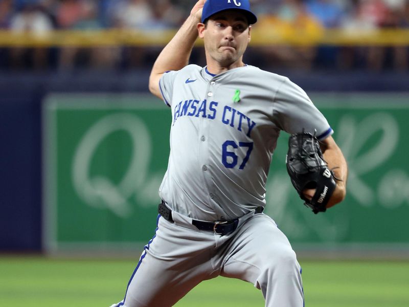 May 24, 2024; St. Petersburg, Florida, USA;  Kansas City Royals pitcher Seth Lugo (67) throws a pitch against the Tampa Bay Rays during the third inning at Tropicana Field. Mandatory Credit: Kim Klement Neitzel-USA TODAY Sports