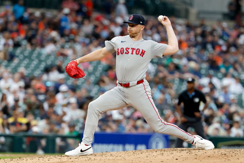 May 12, 2025; Detroit, Michigan, USA;  Boston Red Sox pitcher Sean Newcomb (19) pitches third inning against the Detroit Tigers at Comerica Park. Mandatory Credit: Rick Osentoski-Imagn Images