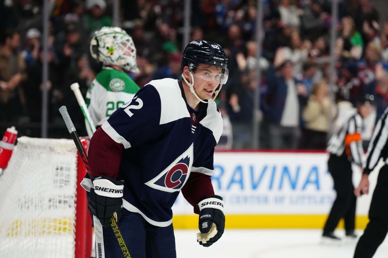 Feb 27, 2024; Denver, Colorado, USA; Colorado Avalanche left wing Artturi Lehkonen (62) celebrates his goal in the second period against the Dallas Stars at Ball Arena. Mandatory Credit: Ron Chenoy-USA TODAY Sports