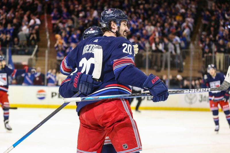 Apr 3, 2024; New York, New York, USA; New York Rangers left wing Chris Kreider (20) celebrates after scoring the go ahead goal in the third period against the New Jersey Devils at Madison Square Garden. Mandatory Credit: Wendell Cruz-USA TODAY Sports