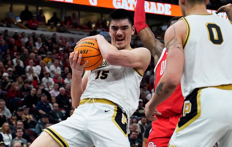 Mar 11, 2023; Chicago, IL, USA; Purdue Boilermakers center Zach Edey (15) grabs a rebound against the Ohio State Buckeyes during the second half at United Center. Mandatory Credit: David Banks-USA TODAY Sports