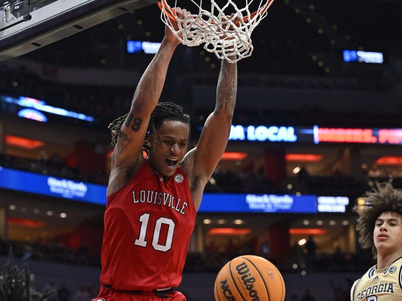 Feb 10, 2024; Louisville, Kentucky, USA; Louisville Cardinals forward Kaleb Glenn (10) reacts after dunking against the Georgia Tech Yellow Jackets during the second half at KFC Yum! Center. Louisville defeated Georgia Tech 79-67. Mandatory Credit: Jamie Rhodes-USA TODAY Sports