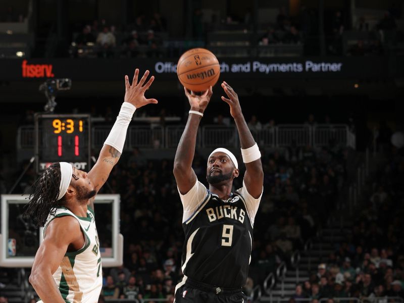 MILWAUKEE, WI - JANUARY 11:  Bobby Portis #9 of the Milwaukee Bucks shoots a three point basket during the game  on January 11, 2024 at the Fiserv Forum Center in Milwaukee, Wisconsin. NOTE TO USER: User expressly acknowledges and agrees that, by downloading and or using this Photograph, user is consenting to the terms and conditions of the Getty Images License Agreement. Mandatory Copyright Notice: Copyright 2024 NBAE (Photo by Gary Dineen/NBAE via Getty Images).