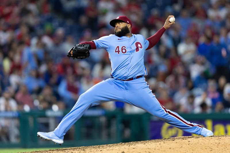 May 16, 2024; Philadelphia, Pennsylvania, USA; Philadelphia Phillies pitcher José Alvarado (46) pitches during the eleventh inning against the New York Mets at Citizens Bank Park. Mandatory Credit: Bill Streicher-USA TODAY Sports