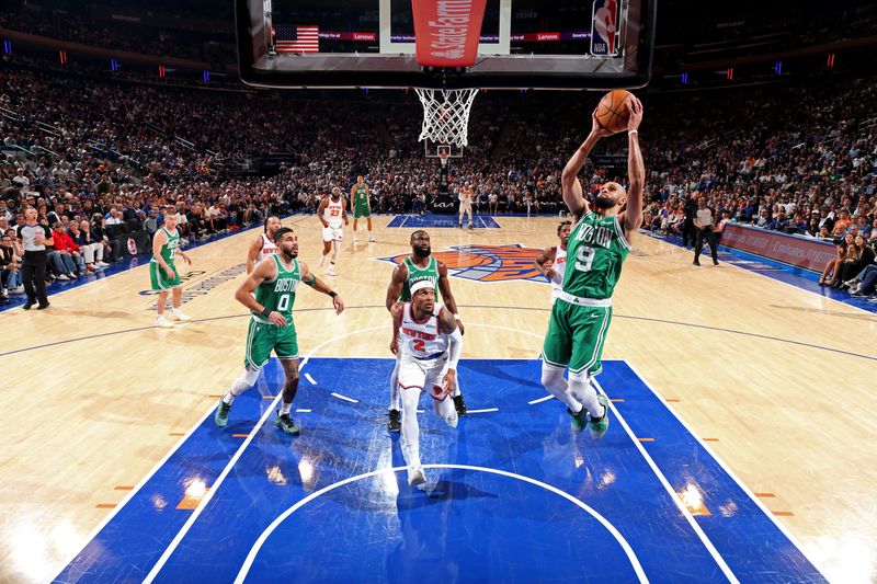 NEW YORK, NY - May 10:   Derrick White #9 of the Boston Celtics drives to the basket during the game against the New York Knicks  during Round 2 Game 3 of the 2025 NBA Playoffs  on May 10, 2025 at Madison Square Garden in New York City, New York.  NOTE TO USER: User expressly acknowledges and agrees that, by downloading and or using this photograph, User is consenting to the terms and conditions of the Getty Images License Agreement. Mandatory Copyright Notice: Copyright 2025 NBAE  (Photo by Nathaniel S. Butler/NBAE via Getty Images)