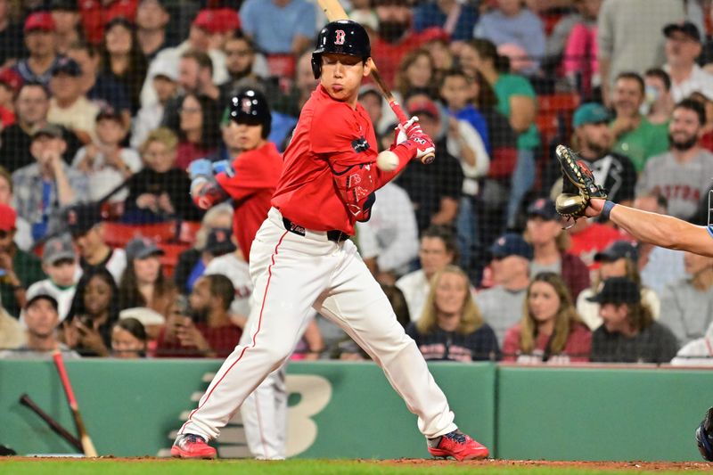 Sep 27, 2024; Boston, Massachusetts, USA; Boston Red Sox designated hitter Masataka Yoshida (7) gets hit by the pitch during second inning against the Tampa Bay Rays at Fenway Park. Mandatory Credit: Eric Canha-Imagn Images