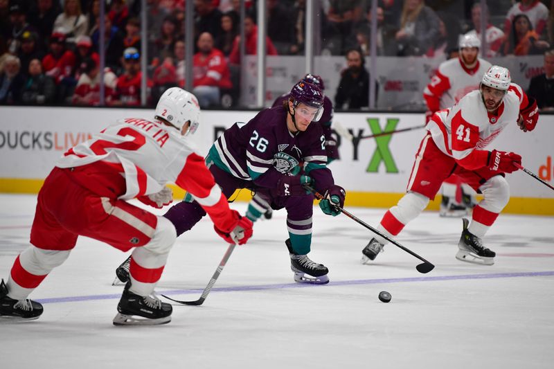 Jan 7, 2024; Anaheim, California, USA; Anaheim Ducks left wing Brock McGinn (26) moves the puck against Detroit Red Wings defenseman Olli Maatta (2) and defenseman Shayne Gostisbehere (41) during the second period at Honda Center. Mandatory Credit: Gary A. Vasquez-USA TODAY Sports