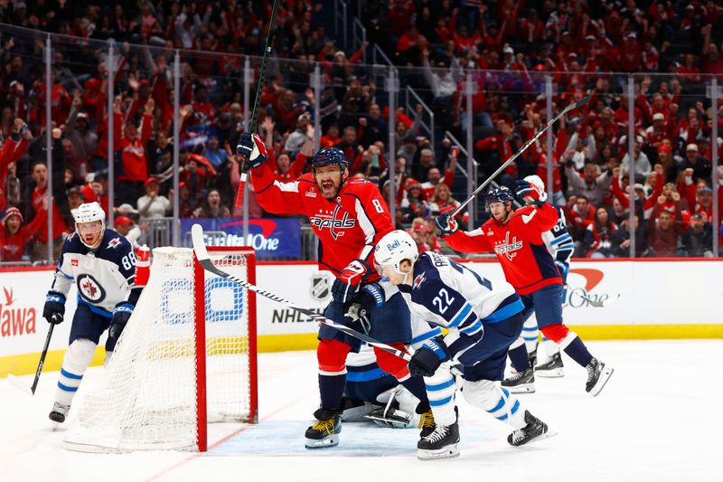 Mar 24, 2024; Washington, District of Columbia, USA; Washington Capitals left wing Alex Ovechkin (8) celebrates after scoring a goal against the Winnipeg Jets during the third period at Capital One Arena. Mandatory Credit: Amber Searls-USA TODAY Sports