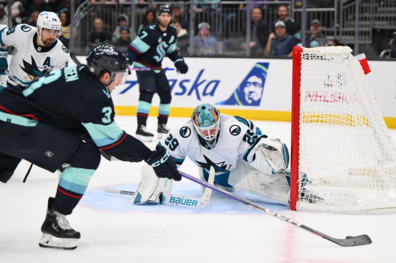 Nov 22, 2023; Seattle, Washington, USA; San Jose Sharks goaltender Mackenzie Blackwood (29) defends the goal against the Seattle Kraken during the second period at Climate Pledge Arena. Mandatory Credit: Steven Bisig-USA TODAY Sports