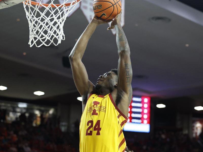 Jan 6, 2024; Norman, Oklahoma, USA; Iowa State Cyclones forward Hason Ward (24) shoots in front of Oklahoma Sooners forward Sam Godwin (10)] during the first half at Lloyd Noble Center. Mandatory Credit: Alonzo Adams-USA TODAY Sports