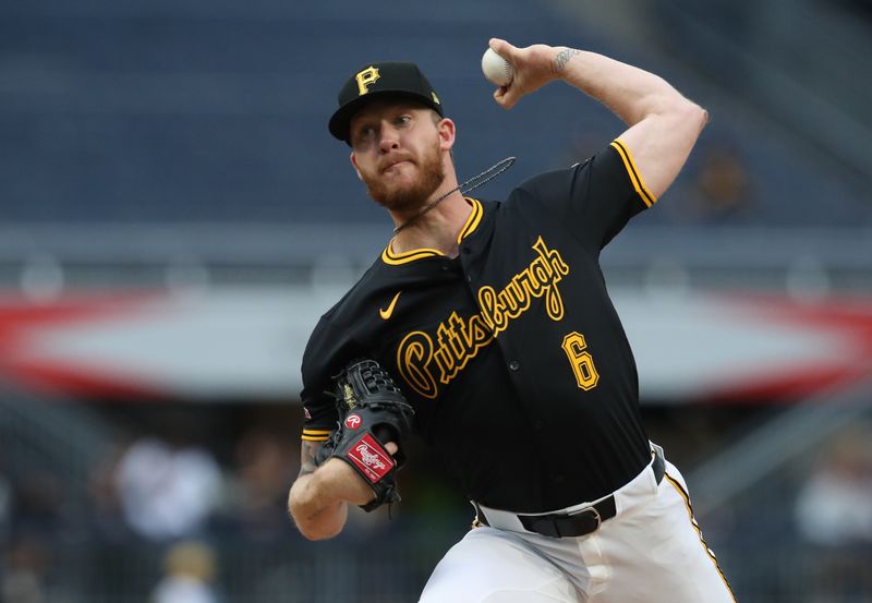 May 20, 2025; Pittsburgh, Pennsylvania, USA; Pittsburgh Pirates starting pitcher Bailey Falter (6) delivers a pitch against the Cincinnati Reds during the first inning at PNC Park. Mandatory Credit: Charles LeClaire-Imagn Images