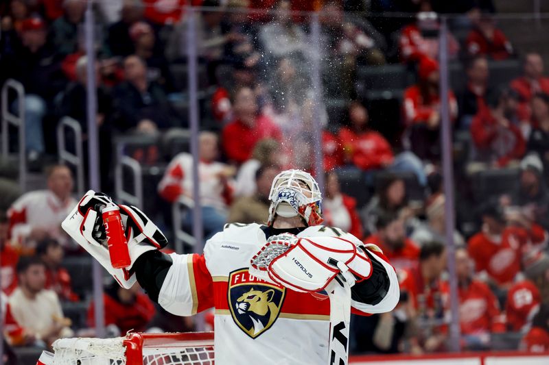 Mar 2, 2024; Detroit, Michigan, USA; Florida Panthers goaltender Sergei Bobrovsky (72) spits water in the air in the second period against the Detroit Red Wings at Little Caesars Arena. Mandatory Credit: Rick Osentoski-USA TODAY Sports