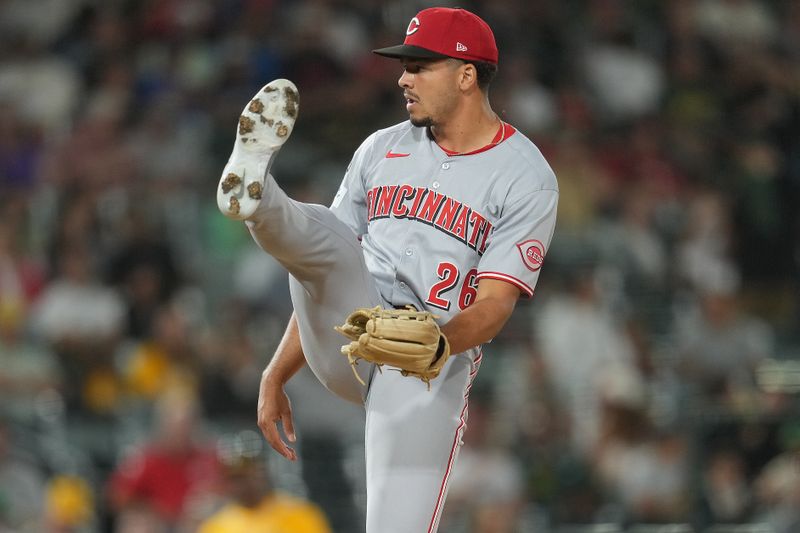 Sep 12, 2025; West Sacramento, California, USA; Cincinnati Reds pitcher Chase Burns (26) follows through on a pitch against the Athletics in the seventh inning at Sutter Health Park. Mandatory Credit: Cary Edmondson-Imagn Images