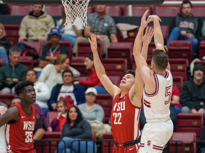 Feb 23, 2023; Stanford, California, USA;  Stanford Cardinal guard Michael O'Connell (5) shoots the ball against Washington State Cougars guard Dylan Darling (22) during the second half at Maples Pavilion. Mandatory Credit: Neville E. Guard-USA TODAY Sports