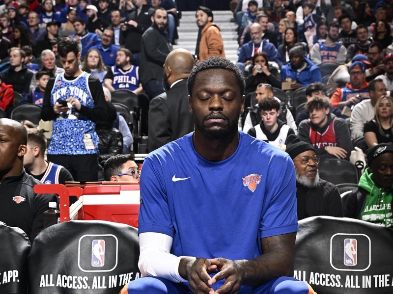 PHILADELPHIA, PA - JANUARY 5: Julius Randle #30 of the New York Knicks looks on during the game before the game against the Philadelphia 76ers on January 5, 2024 at the Wells Fargo Center in Philadelphia, Pennsylvania NOTE TO USER: User expressly acknowledges and agrees that, by downloading and/or using this Photograph, user is consenting to the terms and conditions of the Getty Images License Agreement. Mandatory Copyright Notice: Copyright 2024 NBAE (Photo by David Dow/NBAE via Getty Images)