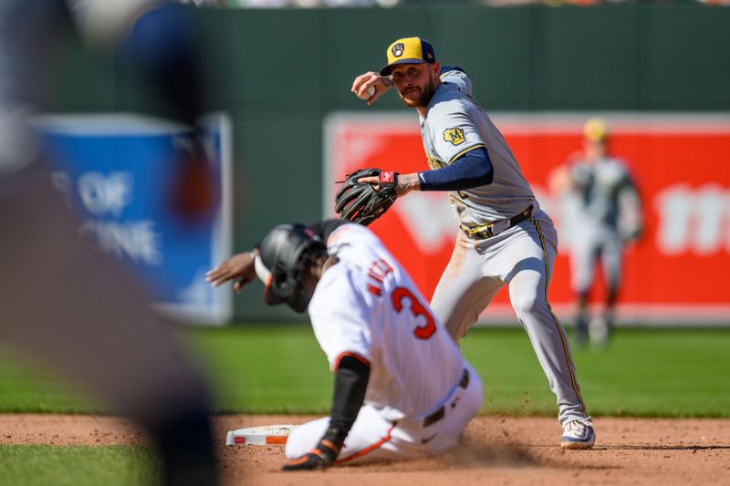 Apr 14, 2024; Baltimore, Maryland, USA; Milwaukee Brewers second base Brice Turang (2) throws to first base during the sixth inning against the Baltimore Orioles at Oriole Park at Camden Yards. Mandatory Credit: Reggie Hildred-USA TODAY Sports