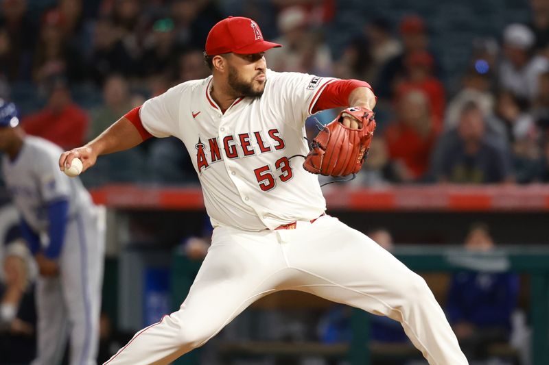 May 10, 2024; Anaheim, California, USA;  Los Angeles Angels pitcher Carlos Estevez (53) pitches during the ninth inning against the Kansas City Royals at Angel Stadium. Mandatory Credit: Kiyoshi Mio-USA TODAY Sports